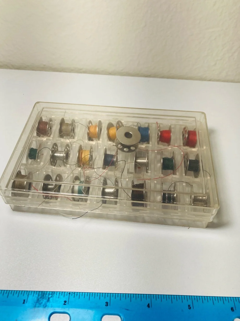 22 Vintage Metal Assorted Sewing Bobbins with Clear Storage Case